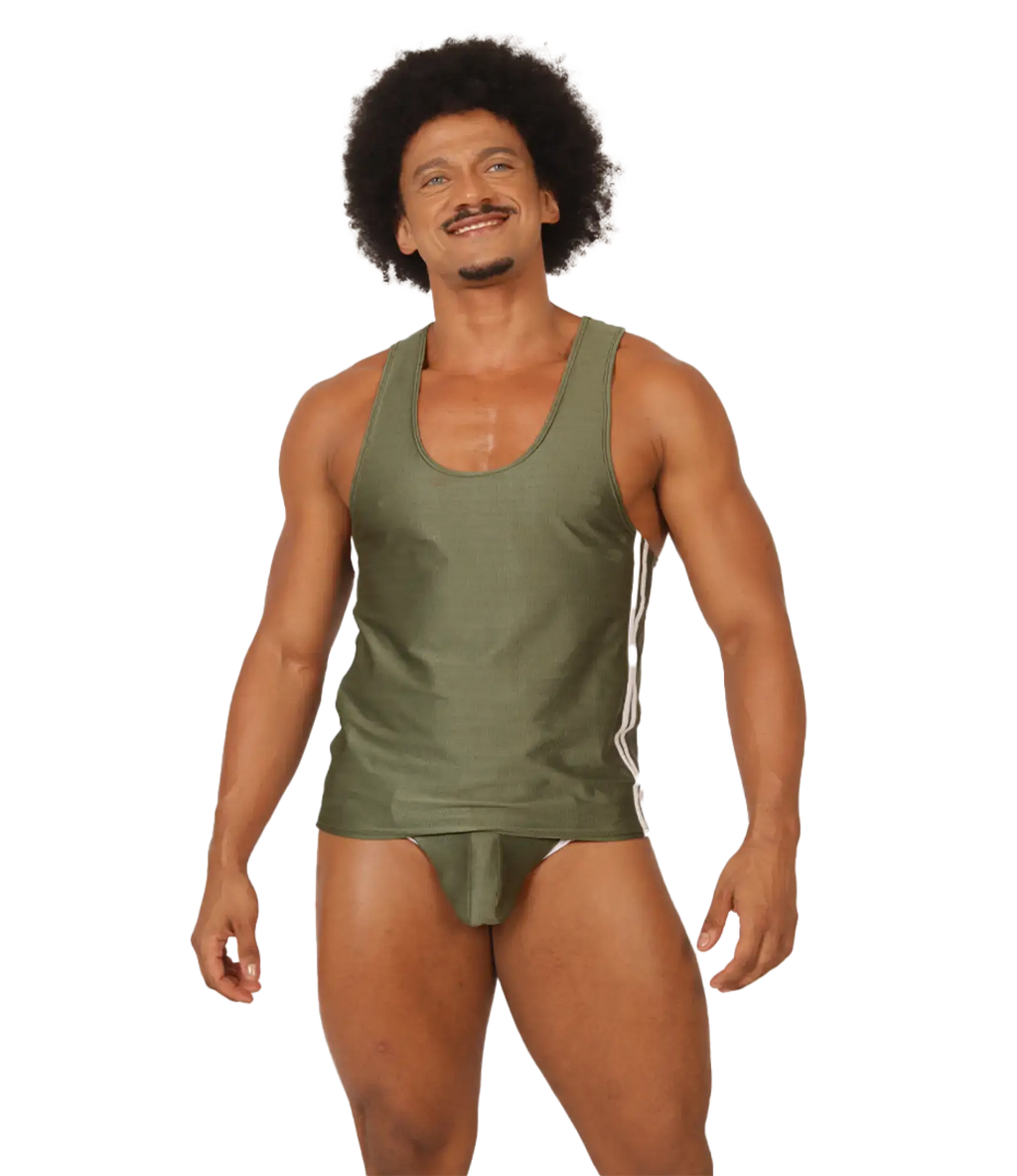 Olive green gigo mix wine tank athletic top with white side stripes designed for activewear and comfort