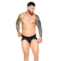 Gigo morocco black brief jockstrap featuring black mesh briefs with a solid waistband branded cicero in white lettering