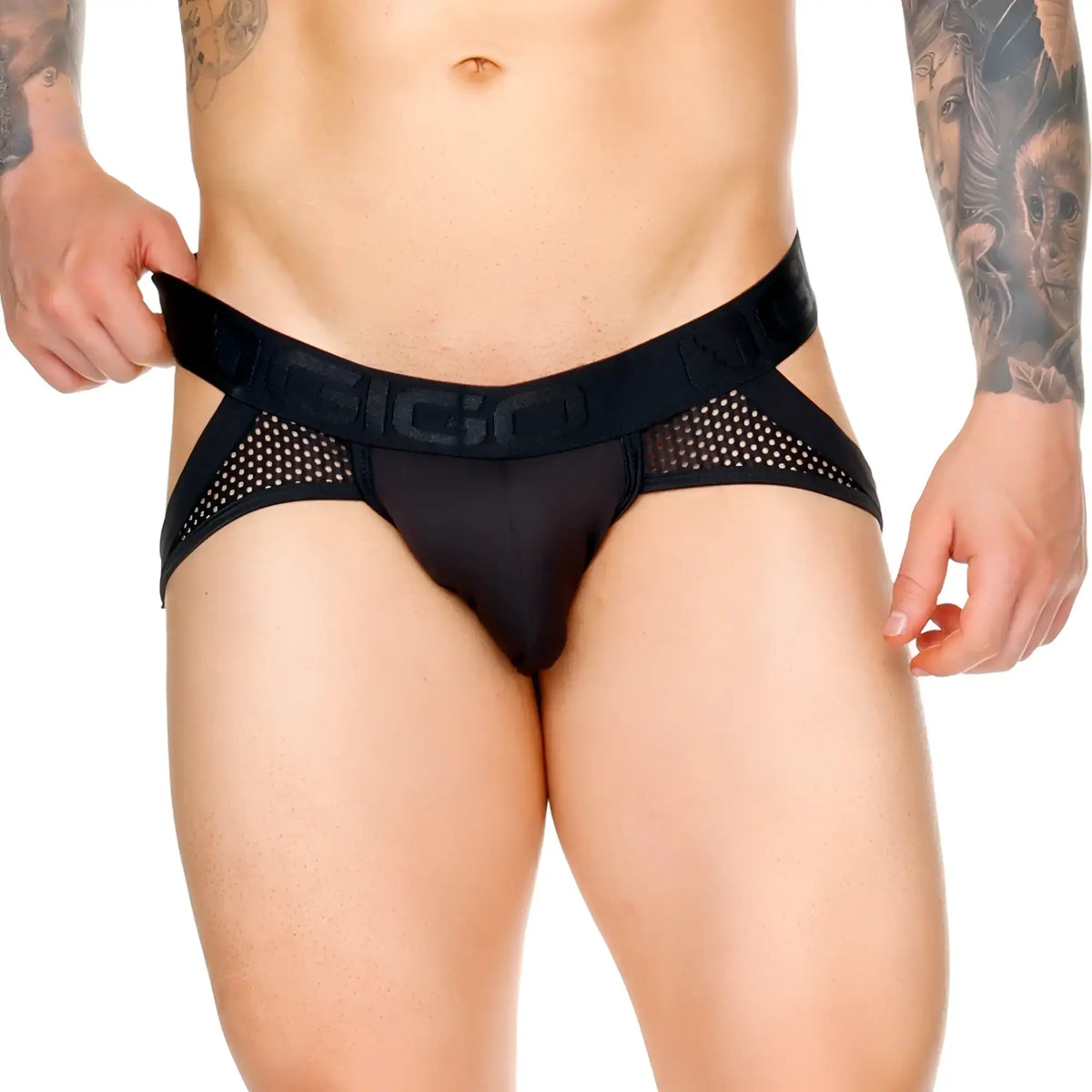 Gigo morocco black brief jockstrap with black mesh fabric and wide elastic waistband featuring gigo branding