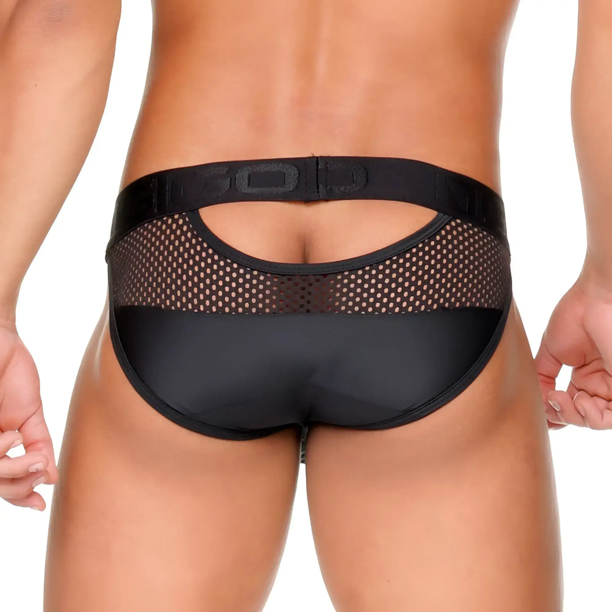 Black mesh and solid fabric briefs with a branded waistband from gigo morocco black brief collection