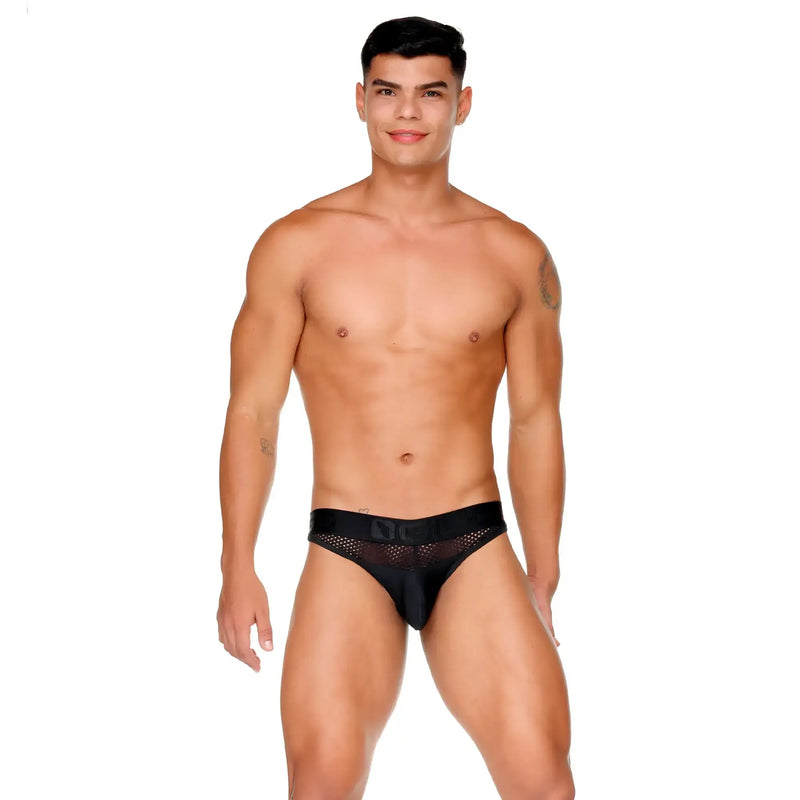 Black mesh briefs with a solid black waistband featuring the gigo morocco brand logo