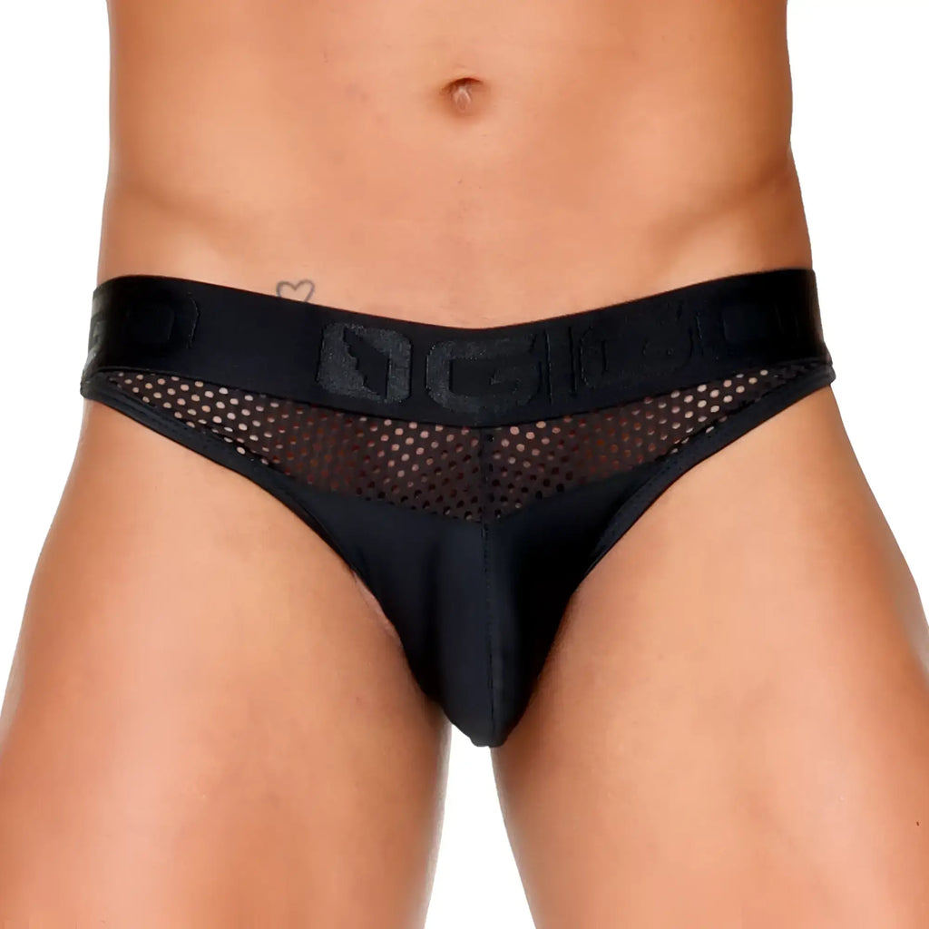 Black mesh briefs with a solid black waistband featuring an embossed gigo logo from the morocco black brief collection