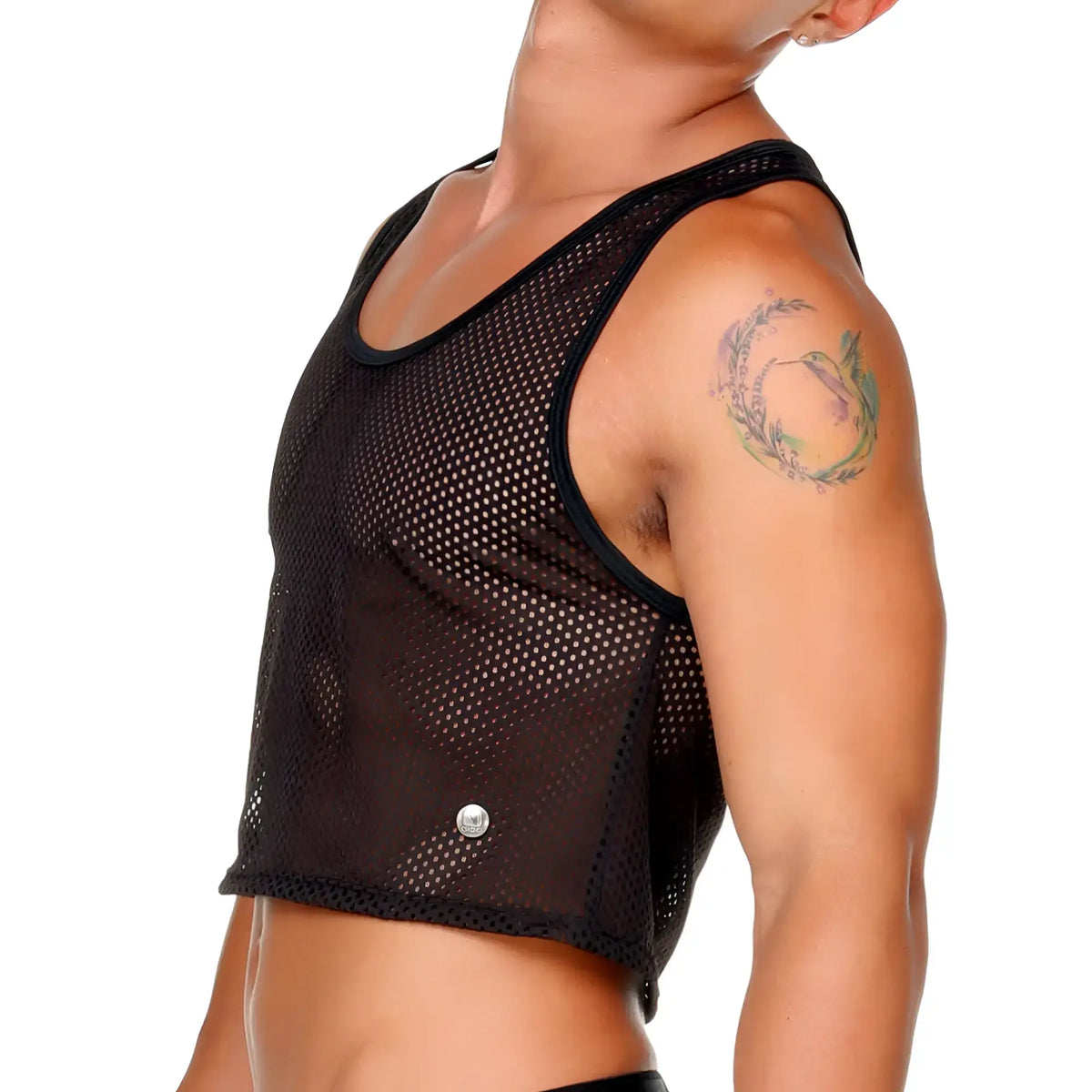 Gigo Morocco black crop top in black mesh with scoop neckline and solid black trim along the edges