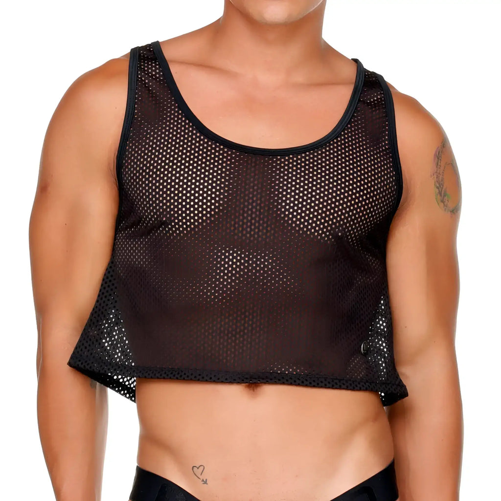 Black mesh crop top with rounded neckline and side slits from gigo morocco showcasing breathable net fabric