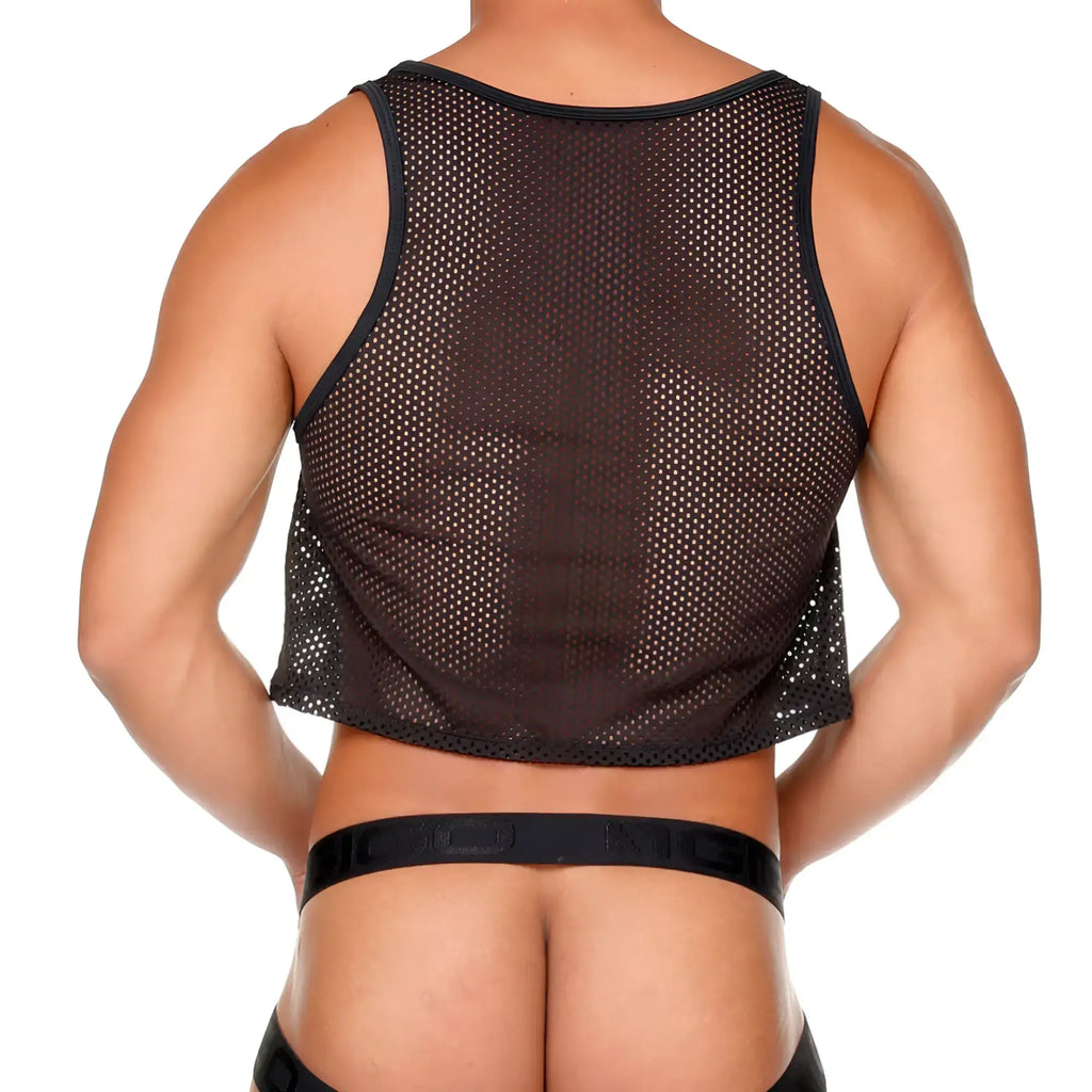 Gigo Morocco black crop top featuring a sleek black mesh design with reinforced trim along the edges