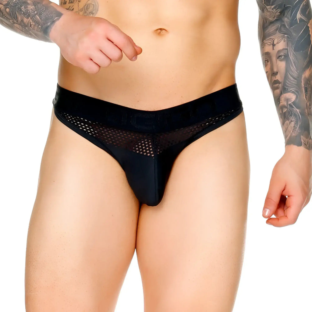 Black mesh thong gstring with solid black waistband and dickies branding in white from gigo morocco collection