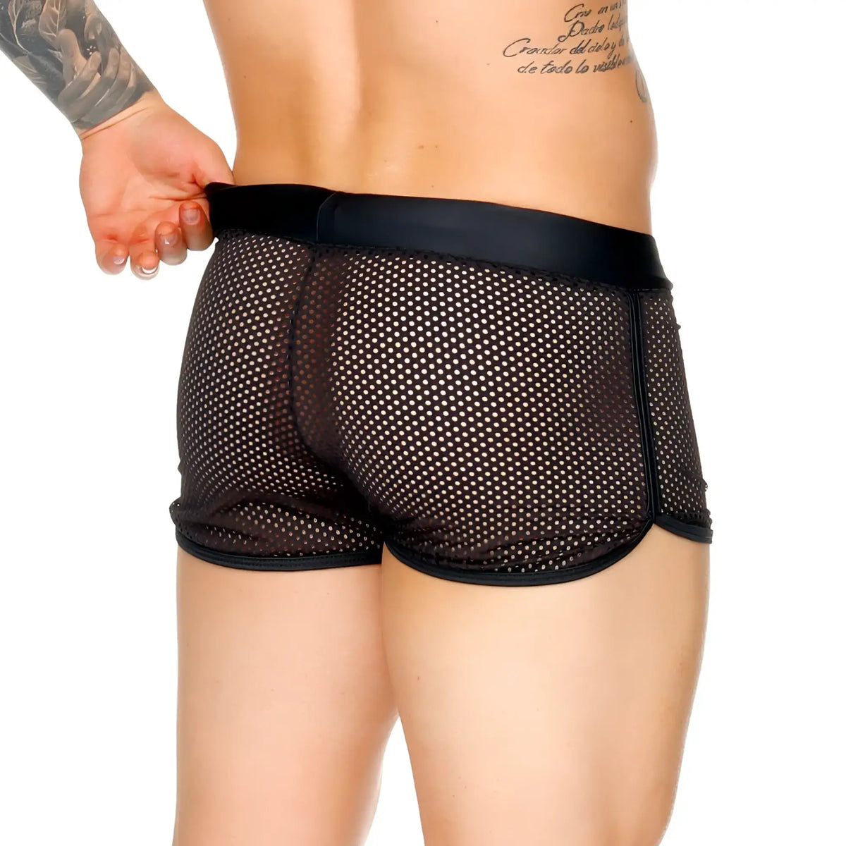 Black mesh briefs with solid black elastic waistband and trim from Gigo Morocco black hotshort collection