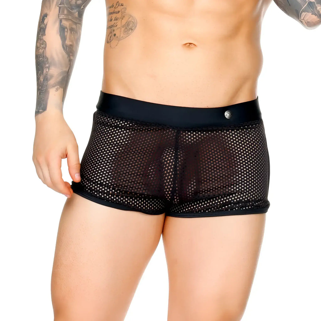 Gigo Morocco black hotshort mesh briefs with a solid black elastic waistband and small metallic button at the front