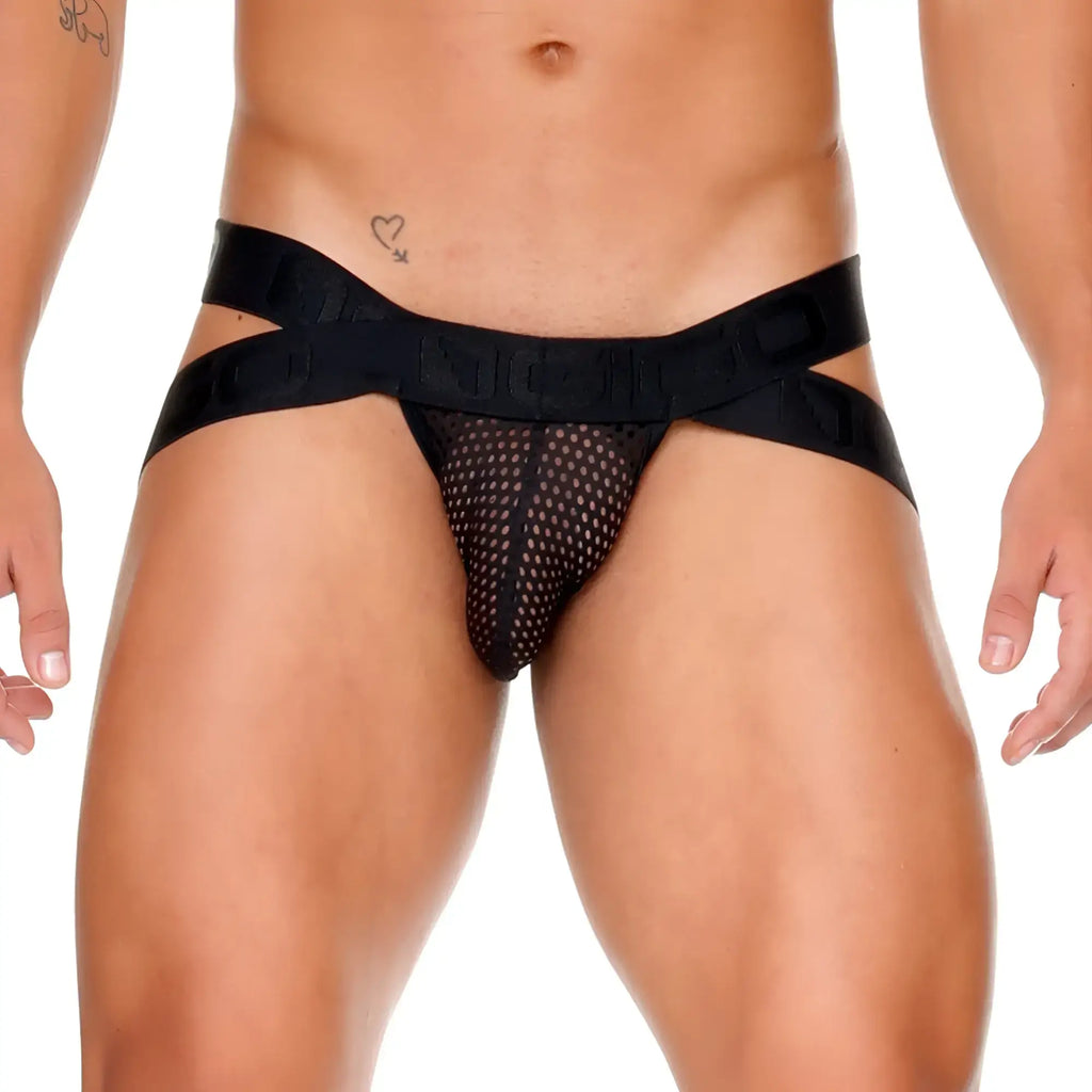 Black mesh briefs with a bold crisscrossing elastic waistband from the gigo morocco black jockstrap collection