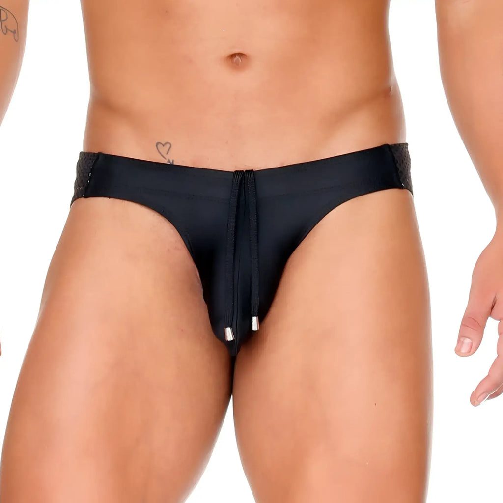 Gigo Morocco black swim brief with black lace trim drawstring waistband and silver toned aglets