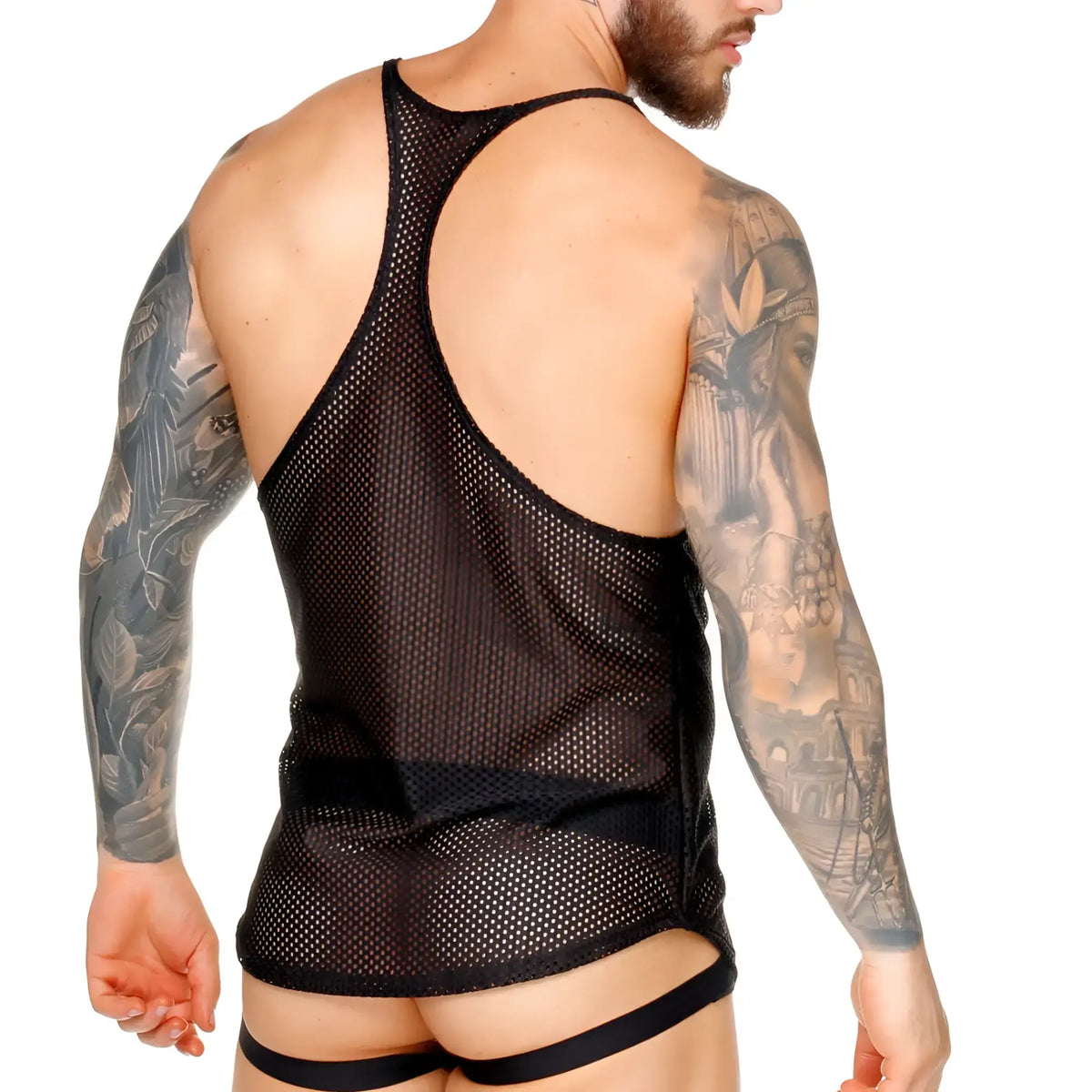 Gigo morocco black tank showing back side of a black mesh tank top with racerback design and elastic waistband
