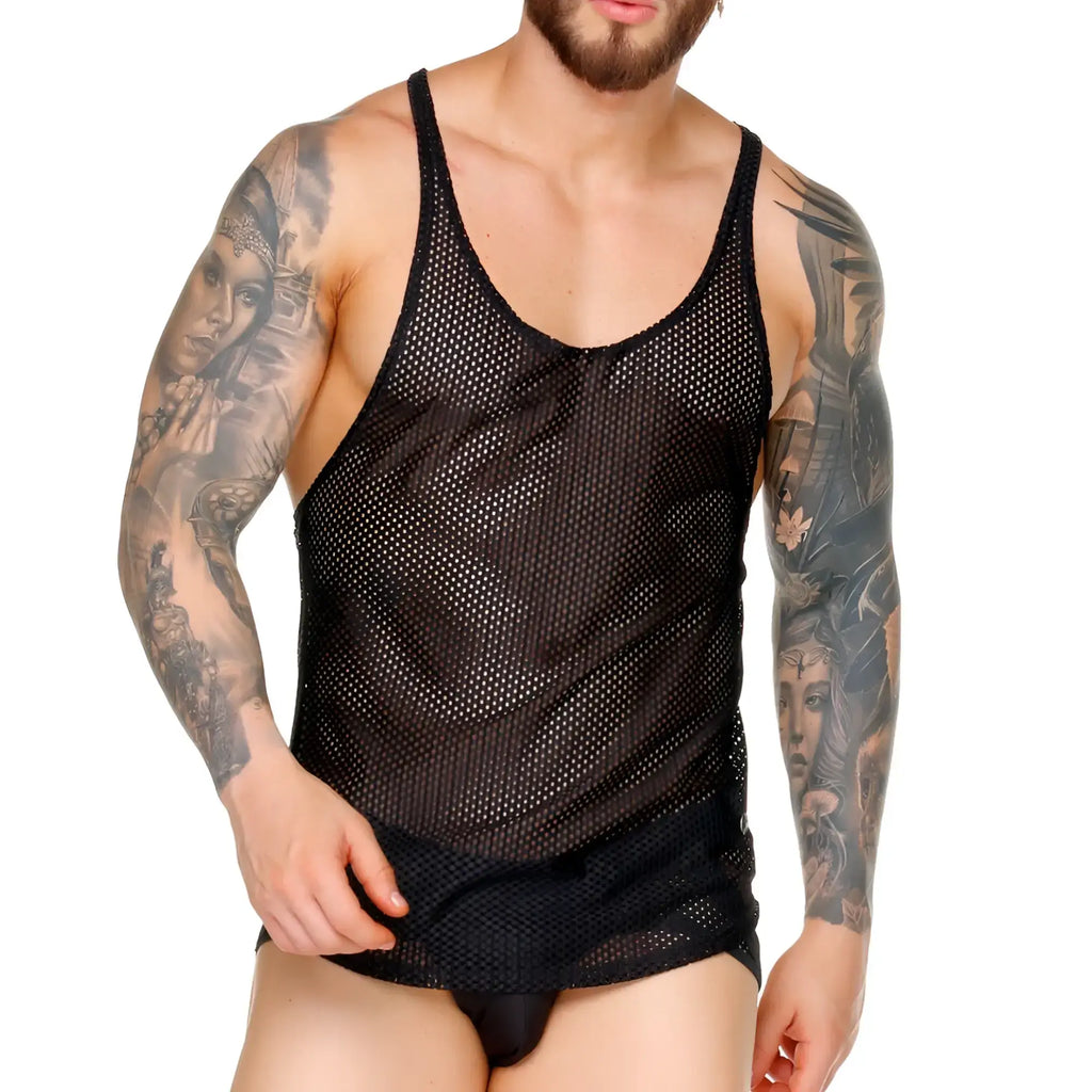 Gigo Morocco black mesh tank top with scoop neckline and thin straps for breathable summer wear