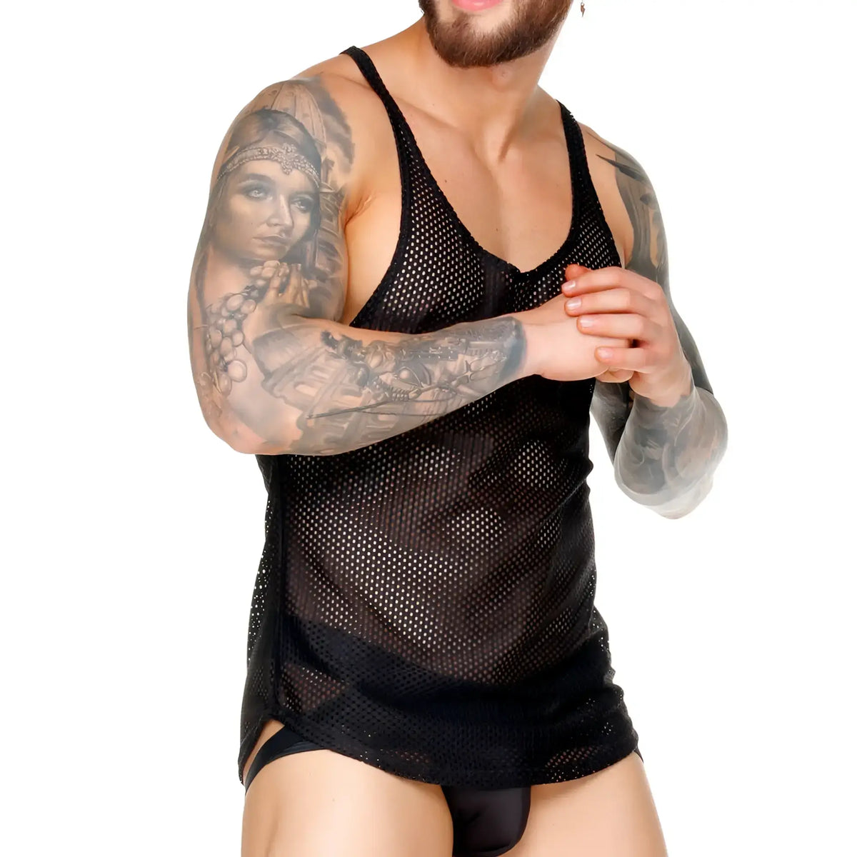 Gigo Morocco black tank featuring a sheer breathable black mesh design with subtle side slits for comfort