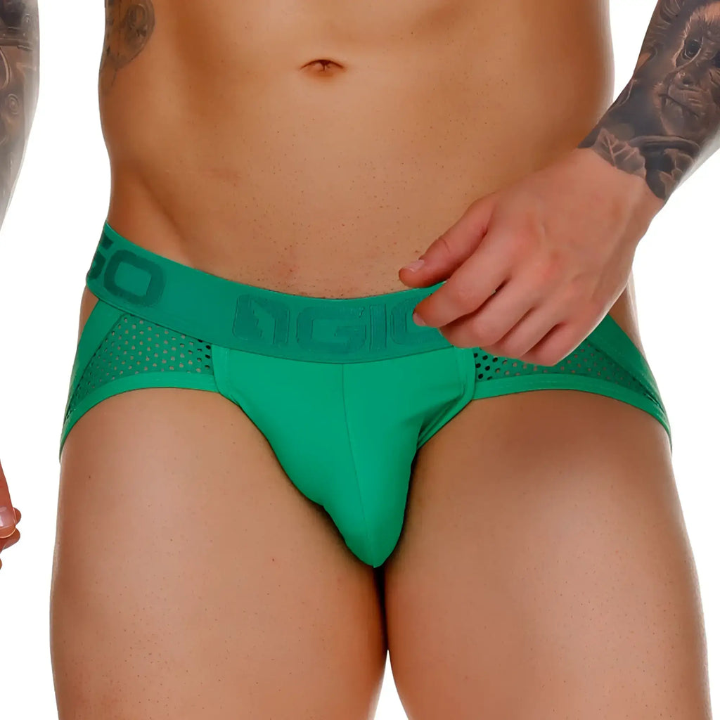 Vibrant green gigo morocco brief jockstrap with mesh panel and branded waistband in athletic material