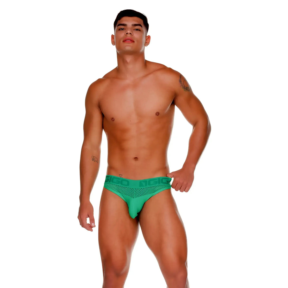 Green mesh briefs with a branded waistband from Gigo Morocco designed for breathable comfort and style