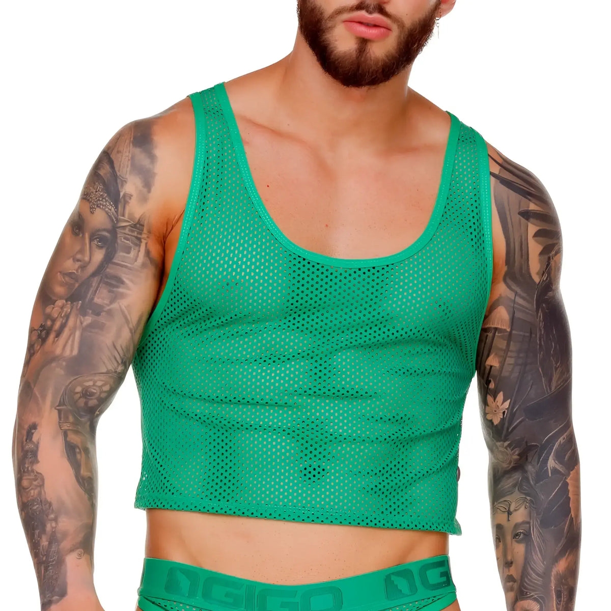 Gigo Morocco green mesh crop top featuring breathable fabric and stylish design for casual wear