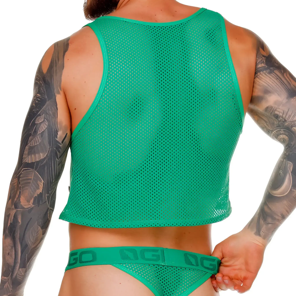 Gigo Morocco green mesh crop top with vibrant colour, snug fit, bold shoulder straps, and breathable design