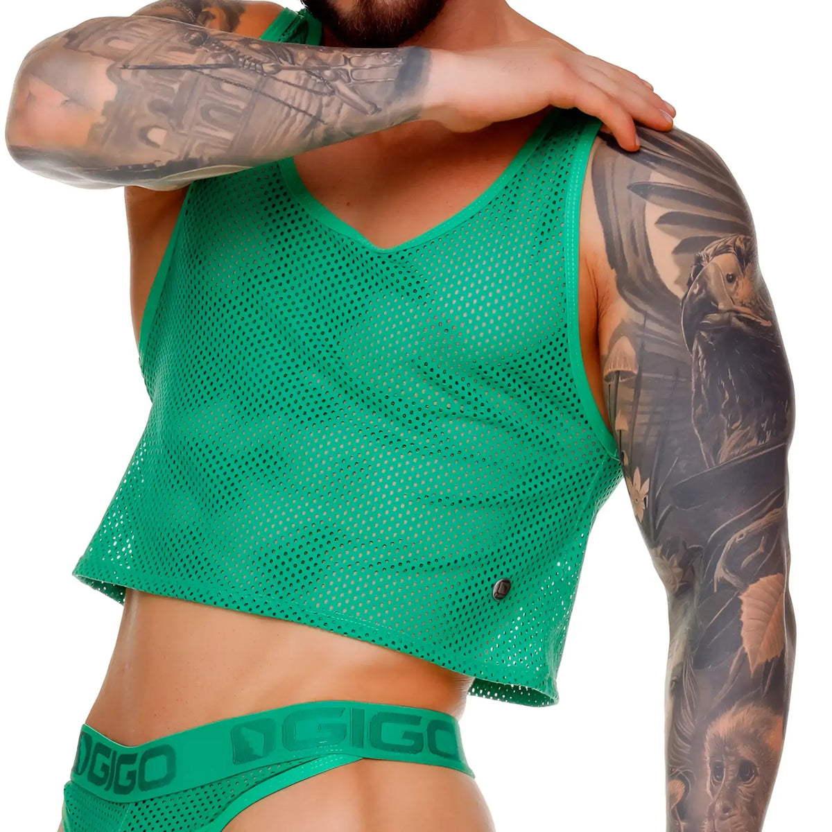 Green mesh crop top by gigo morocco with v-neckline and subtle glittery texture for stylish casual wear