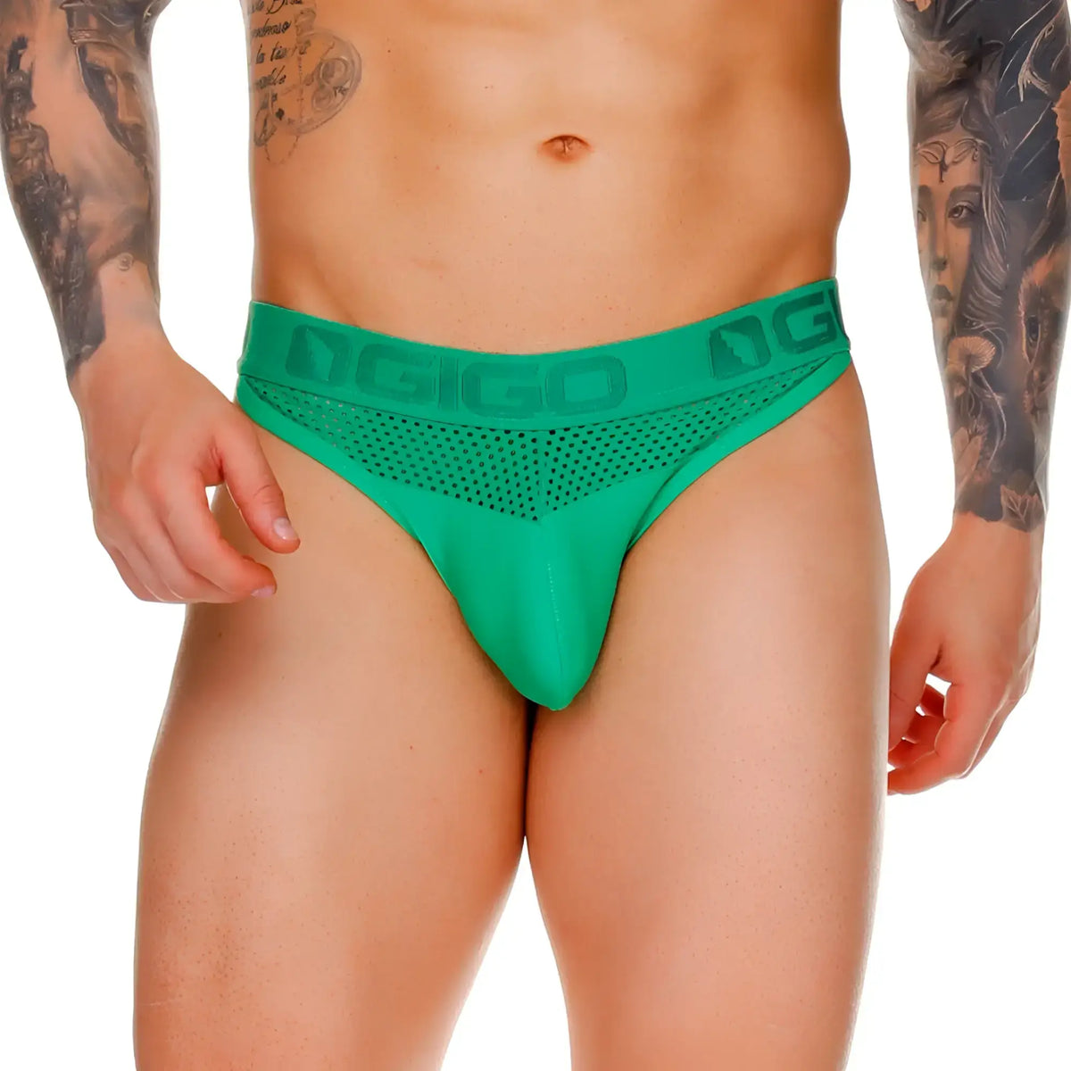 Green mesh briefs g string with bold nggo logo on the waistband from gigo morocco in green colour