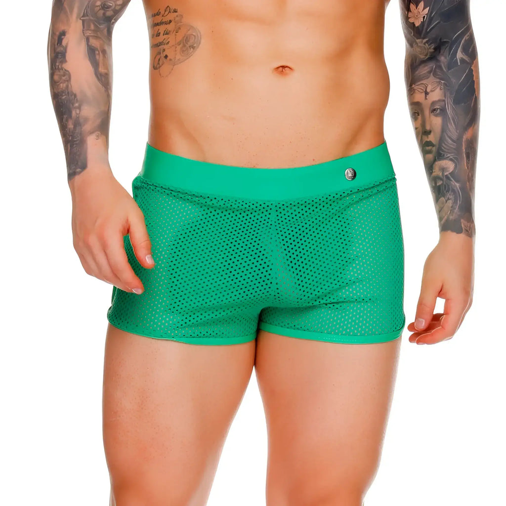 Gigo Morocco green hotshort vibrant green mesh swim trunks with solid waistband and small metallic button