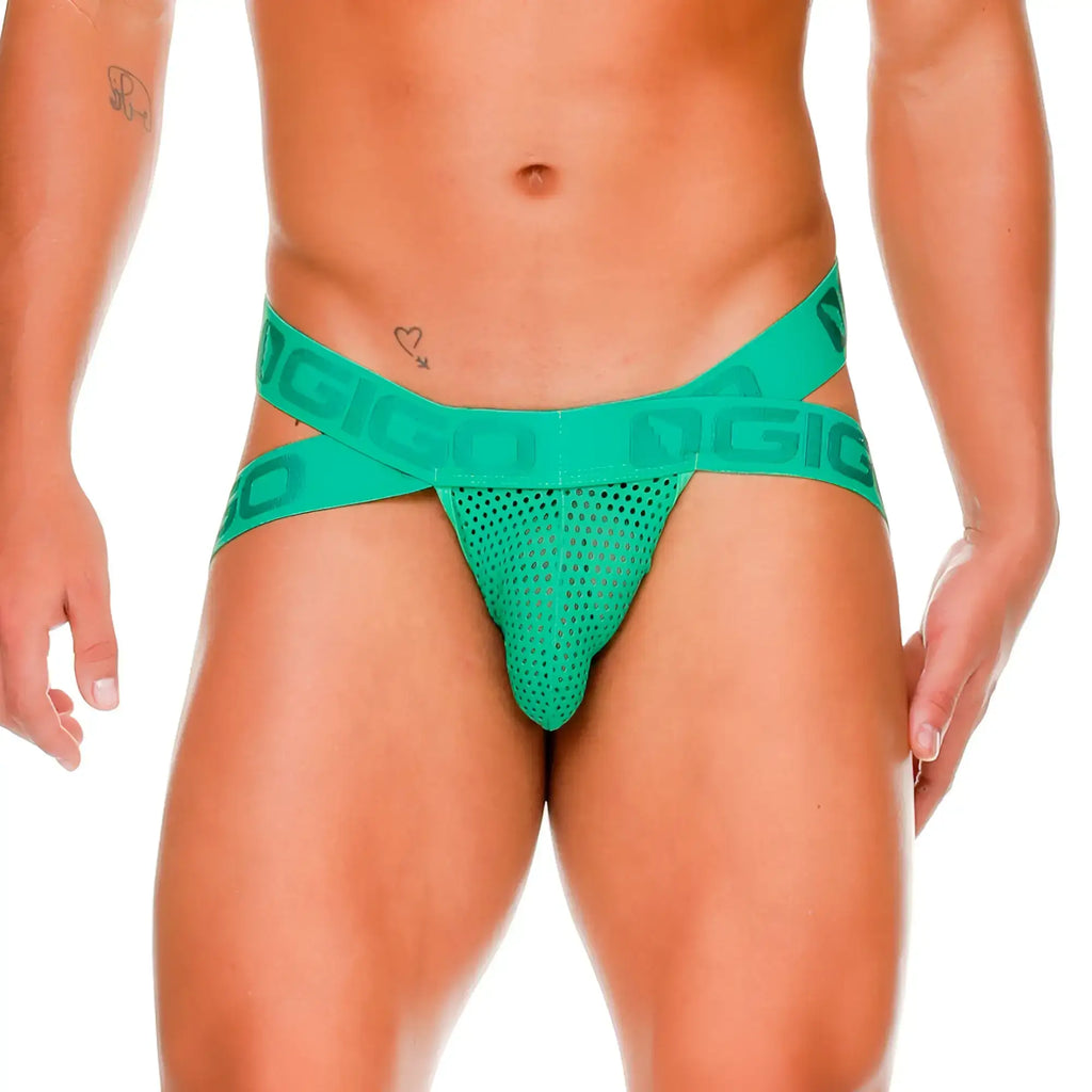 Vibrant teal mesh briefs with bold dgic branded elastic waistband from gigo morocco green jockstrap collection