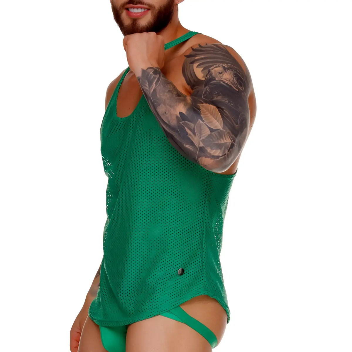 Gigo morocco green tank features a bold athletic cut green mesh tank top with matching green jock strap