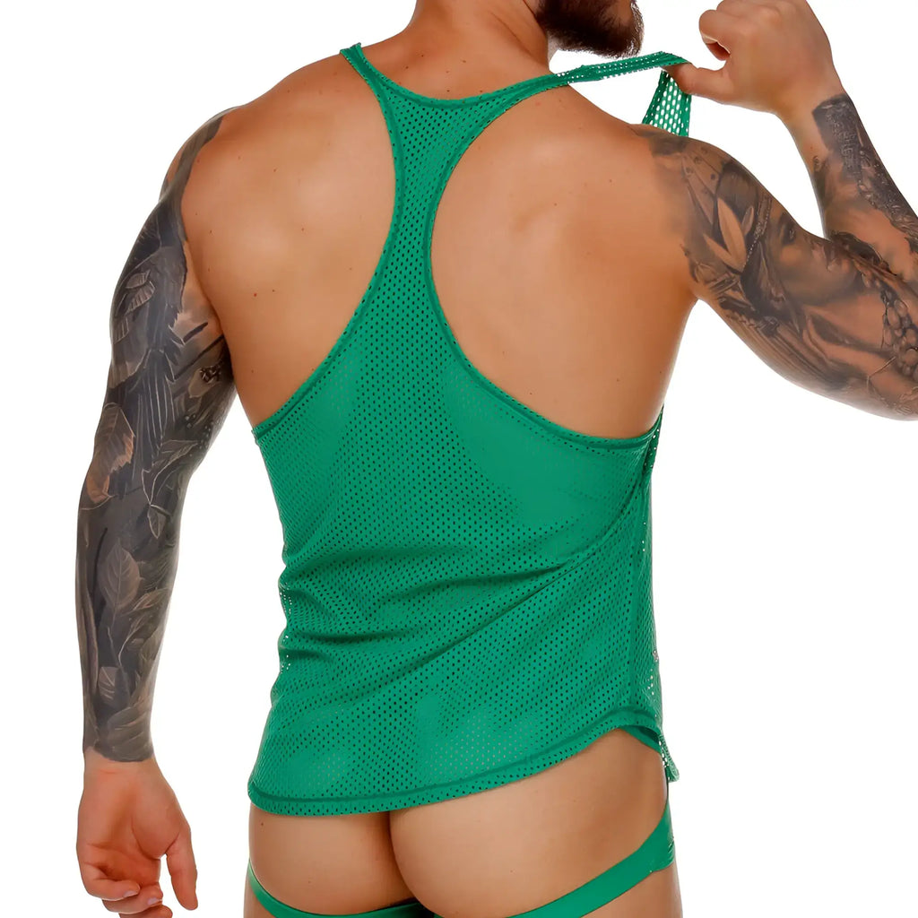 Gigo Morocco green tank mesh tank top with racerback design showing the back side of the top