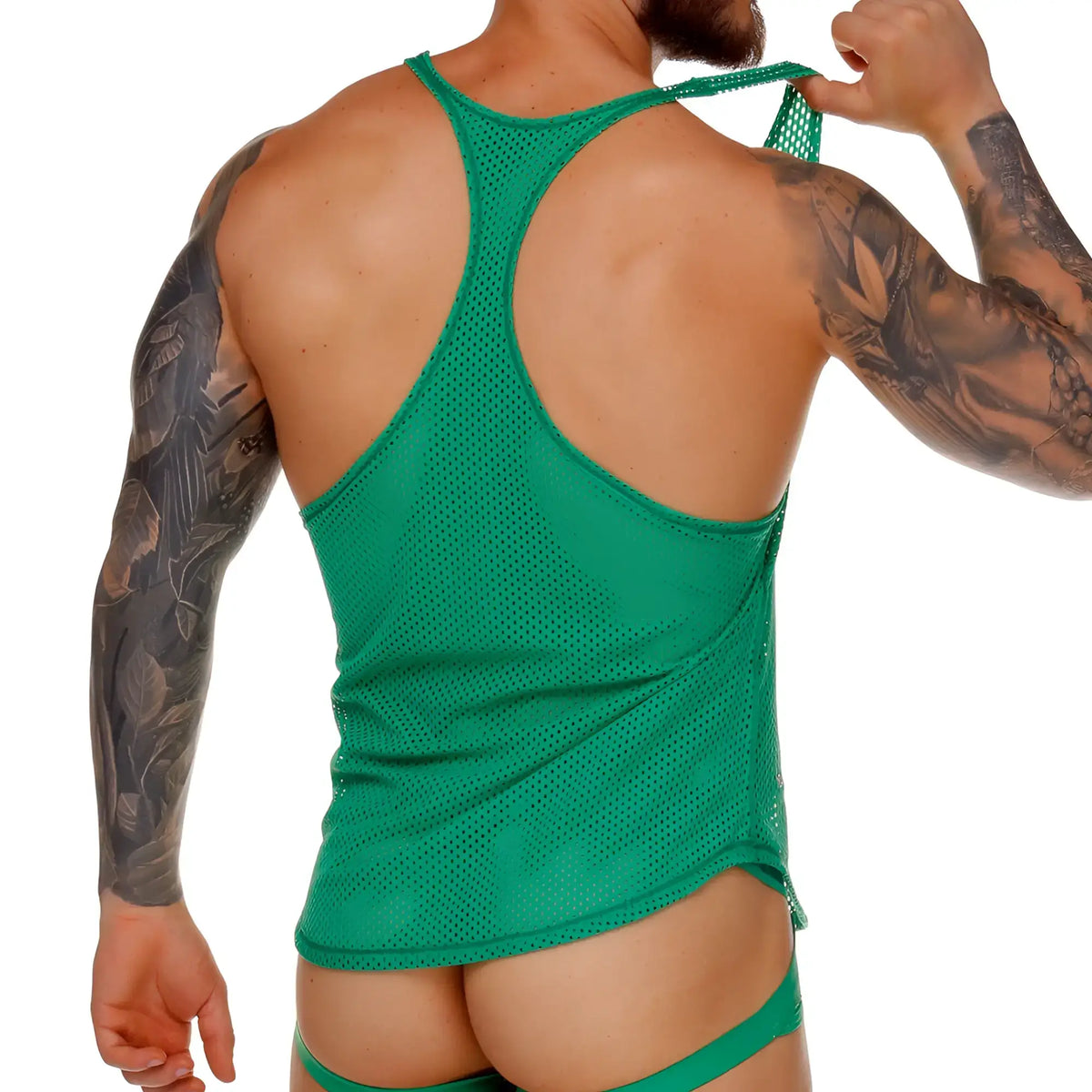 Gigo Morocco green tank mesh tank top with racerback design showing the back side of the top