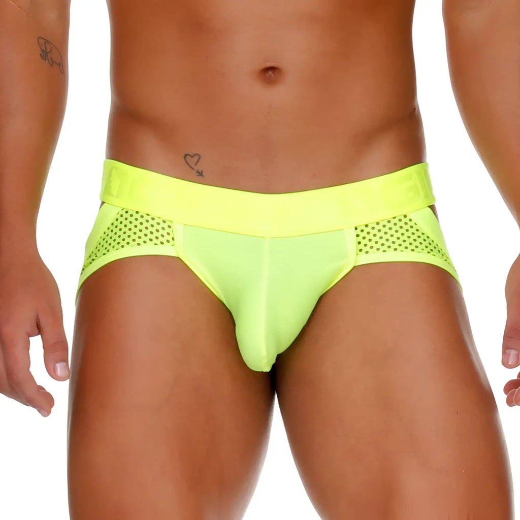 Neon green gigo morocco yellow brief jockstrap with perforated side panels and wide elastic waistband for athletic use