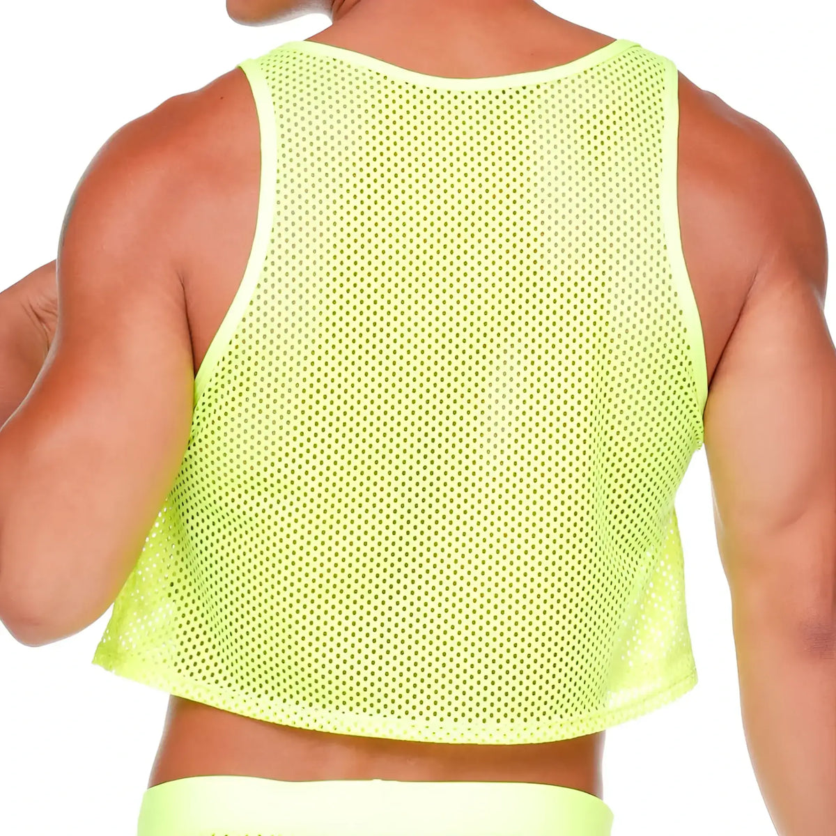 Gigo Morocco yellow crop top in neon yellow mesh with round neckline and thin straps for casual wear