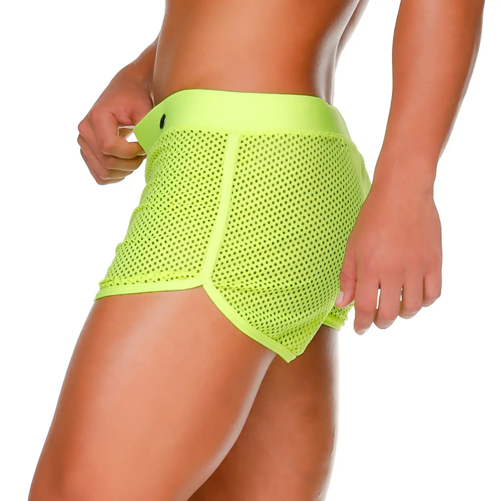 Bright neon green mesh gigo morocco yellow hotshort with solid waistband and side seams for sporty style