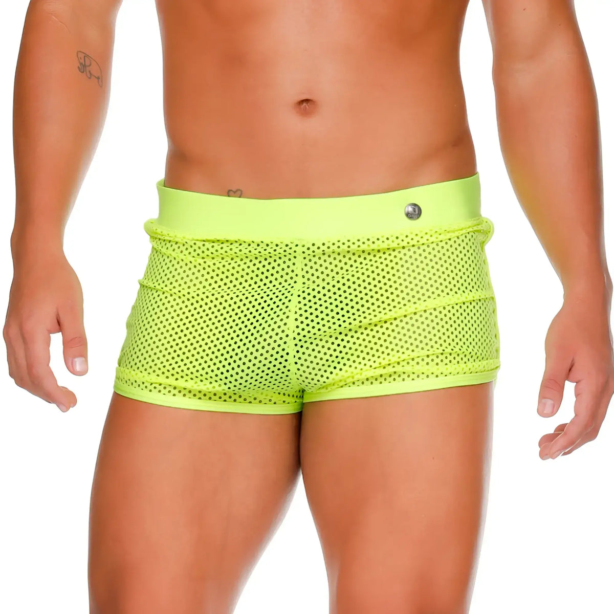 Gigo Morocco yellow hotshort bright neon green mesh swim trunks with solid waistband and silver button closure