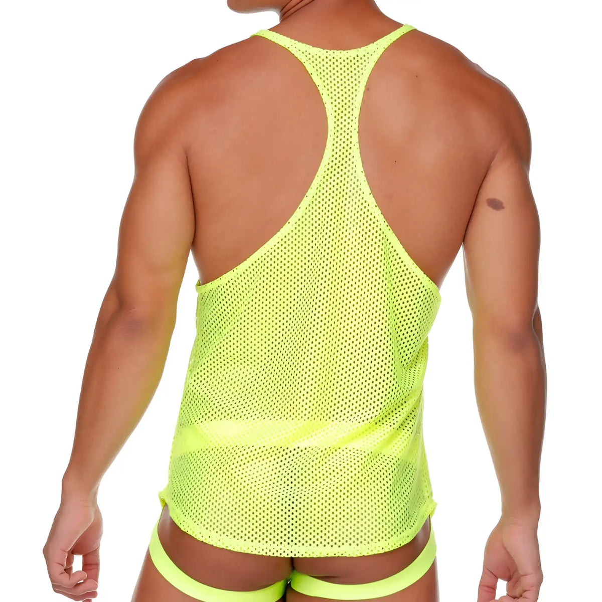 Neon yellow mesh gigo morocco tank top with racerback design shown from the back side