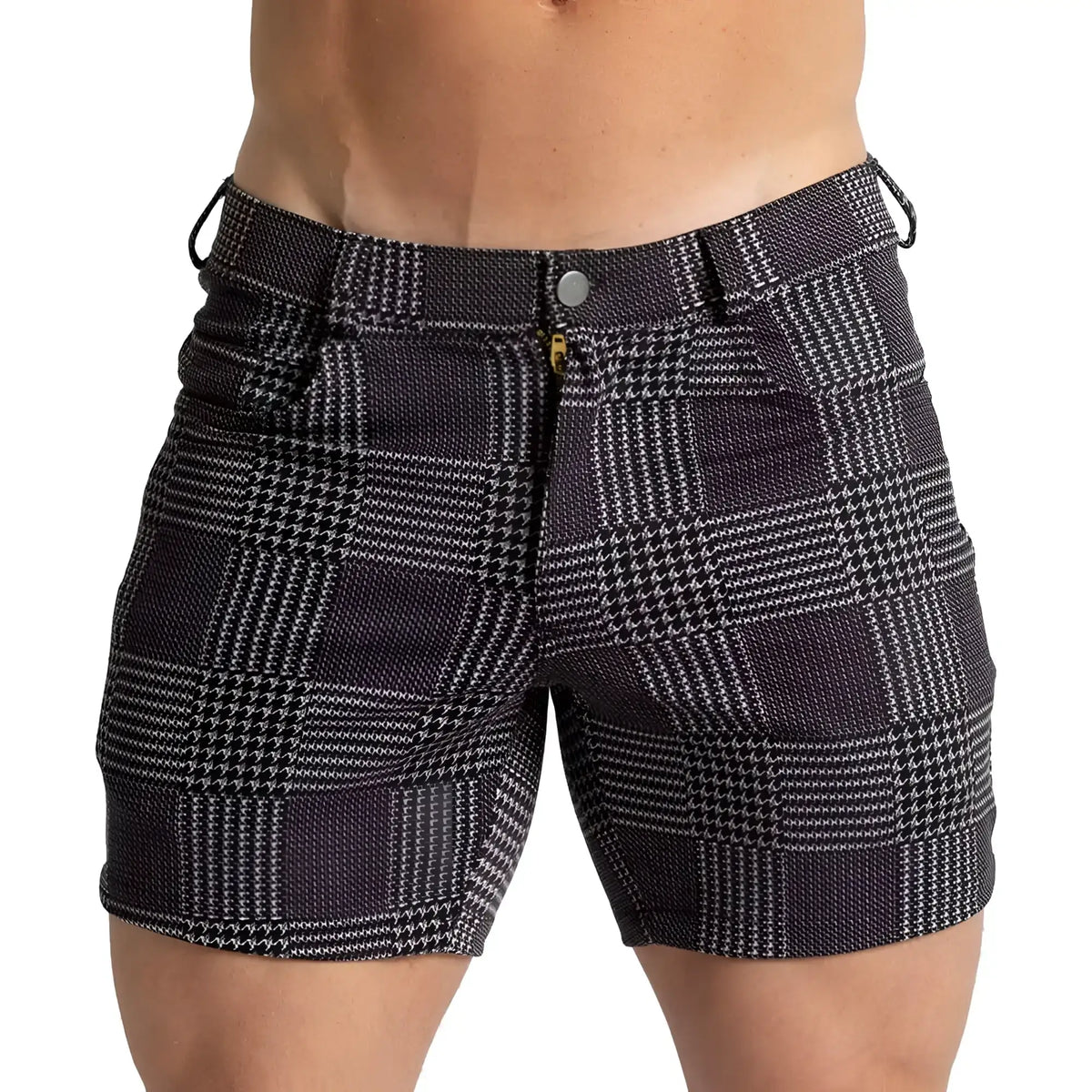 Gigo Mountain black short featuring black and white houndstooth textured fabric for stylish summer wear