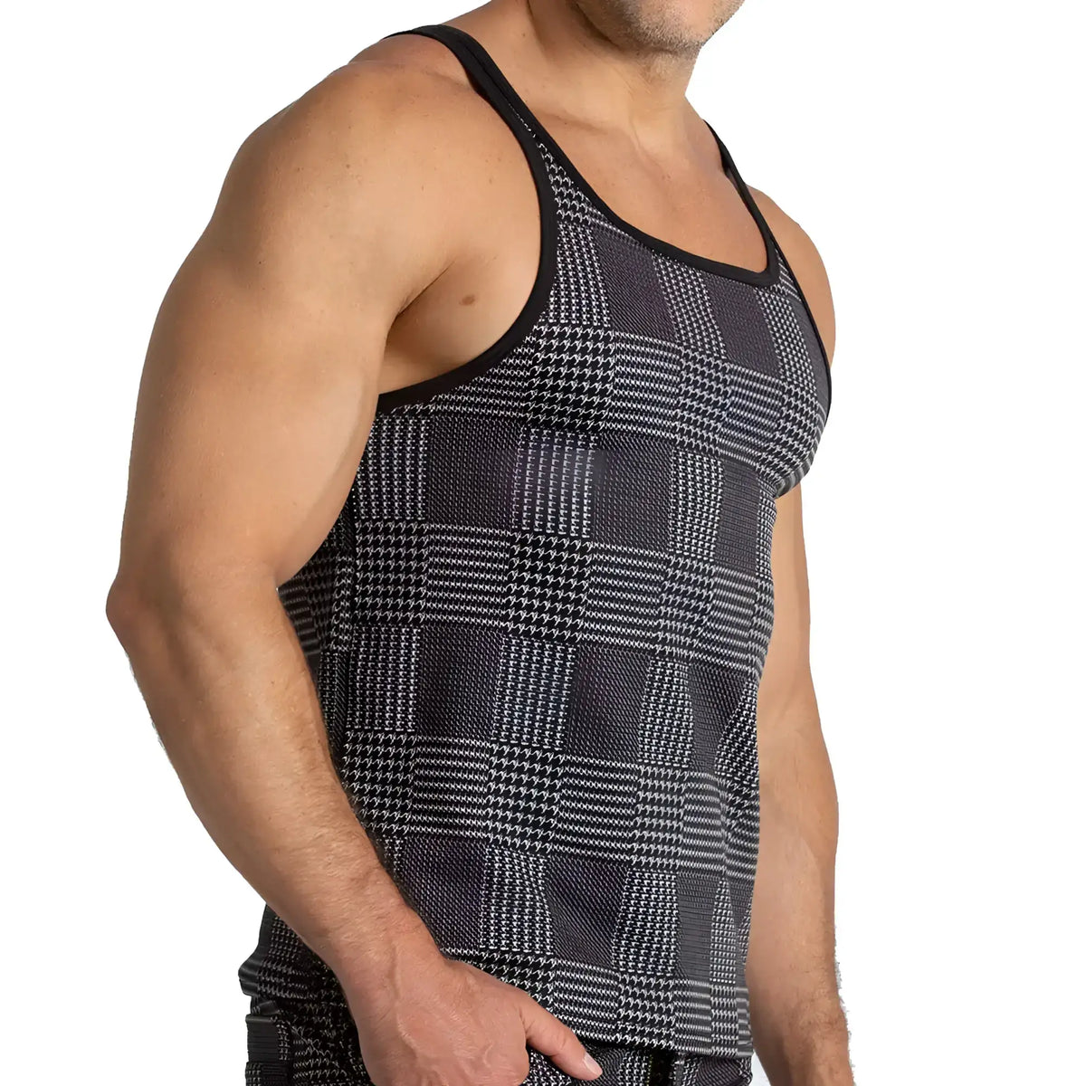 Gigo Mountain black tank top with black and white houndstooth pattern and black trim for casual wear