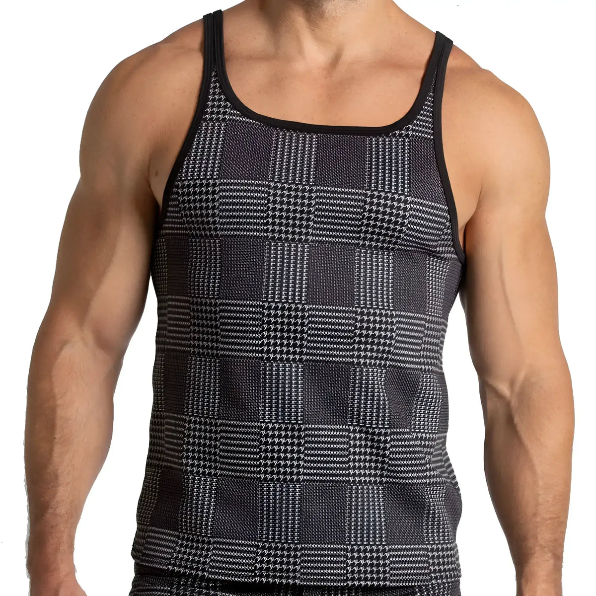 Gigo Mountain black tank featuring black and gray houndstooth pattern with black trim for stylish layering