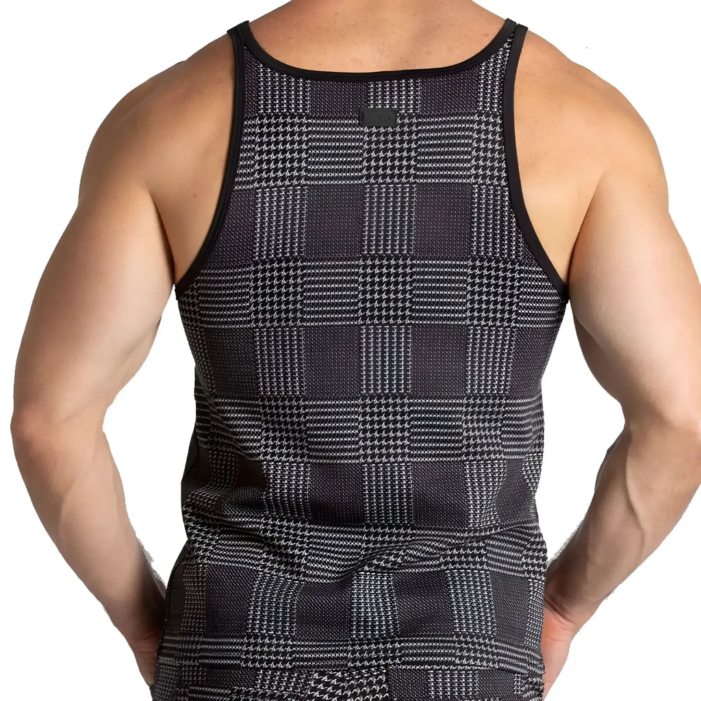Gigo Mountain black tank top featuring black and gray houndstooth pattern with black trim for stylish wear