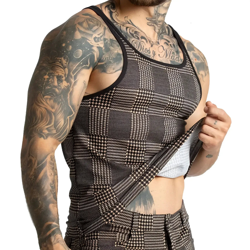 Gigo Mountain Brown Tank black and white houndstooth patterned tank top with black trim front view