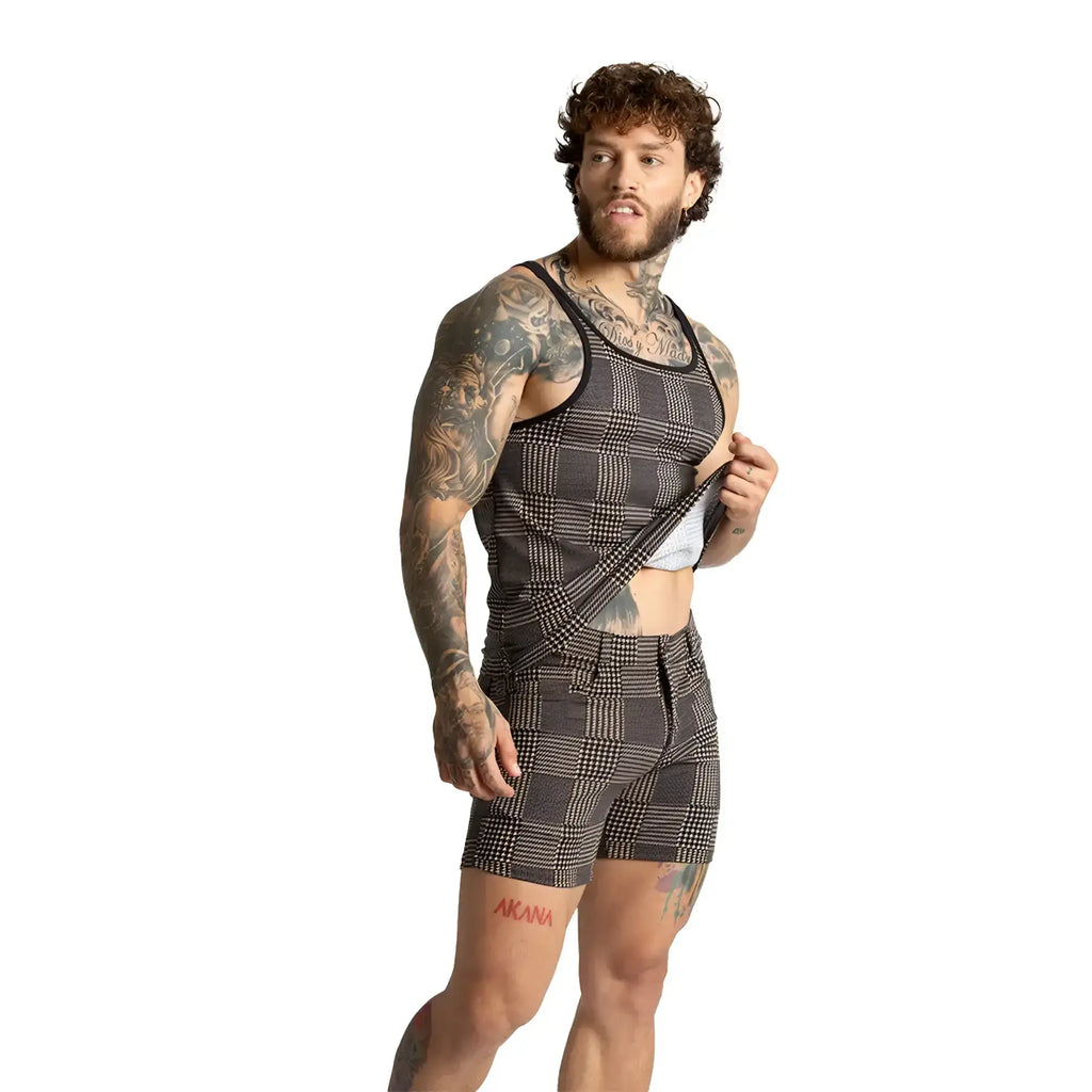 Black and white plaid racerback tank top shown from the back in the gigo mountain brown tank style