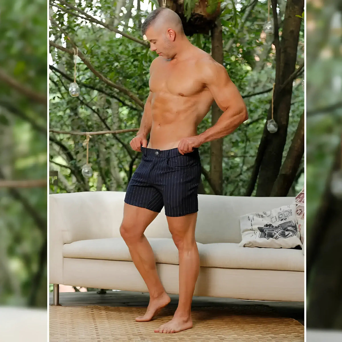 Navy blue pinstripe gigo mountain line shorts made from breathable fabric for outdoor and casual wear