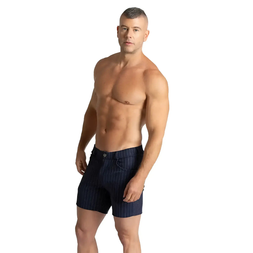 Navy blue pinstripe gigo mountain line short made of breathable fabric for outdoor activities shown from the front