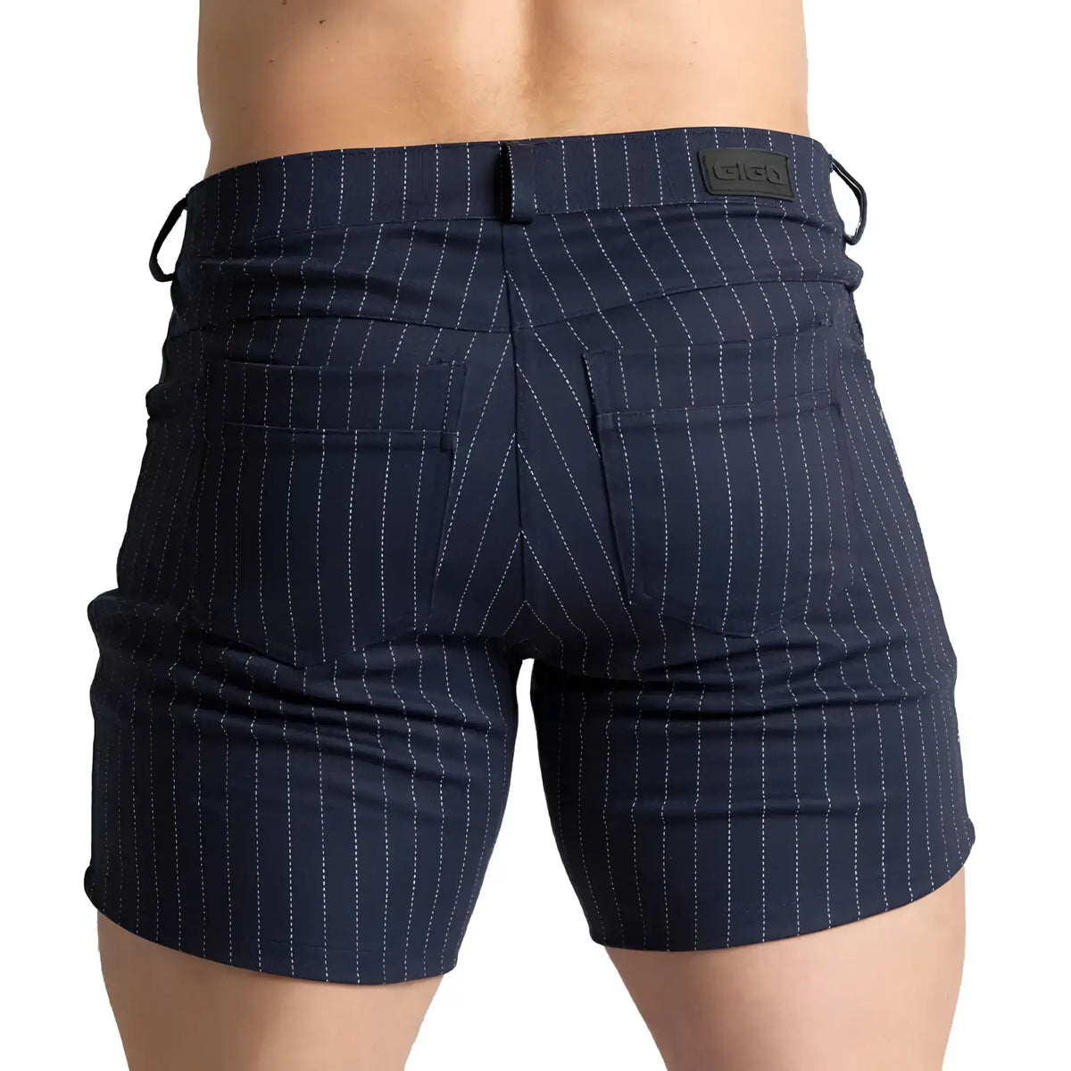 Dark blue pinstripe gigo mountain line shorts with white stitching and black brand patch at the waistband