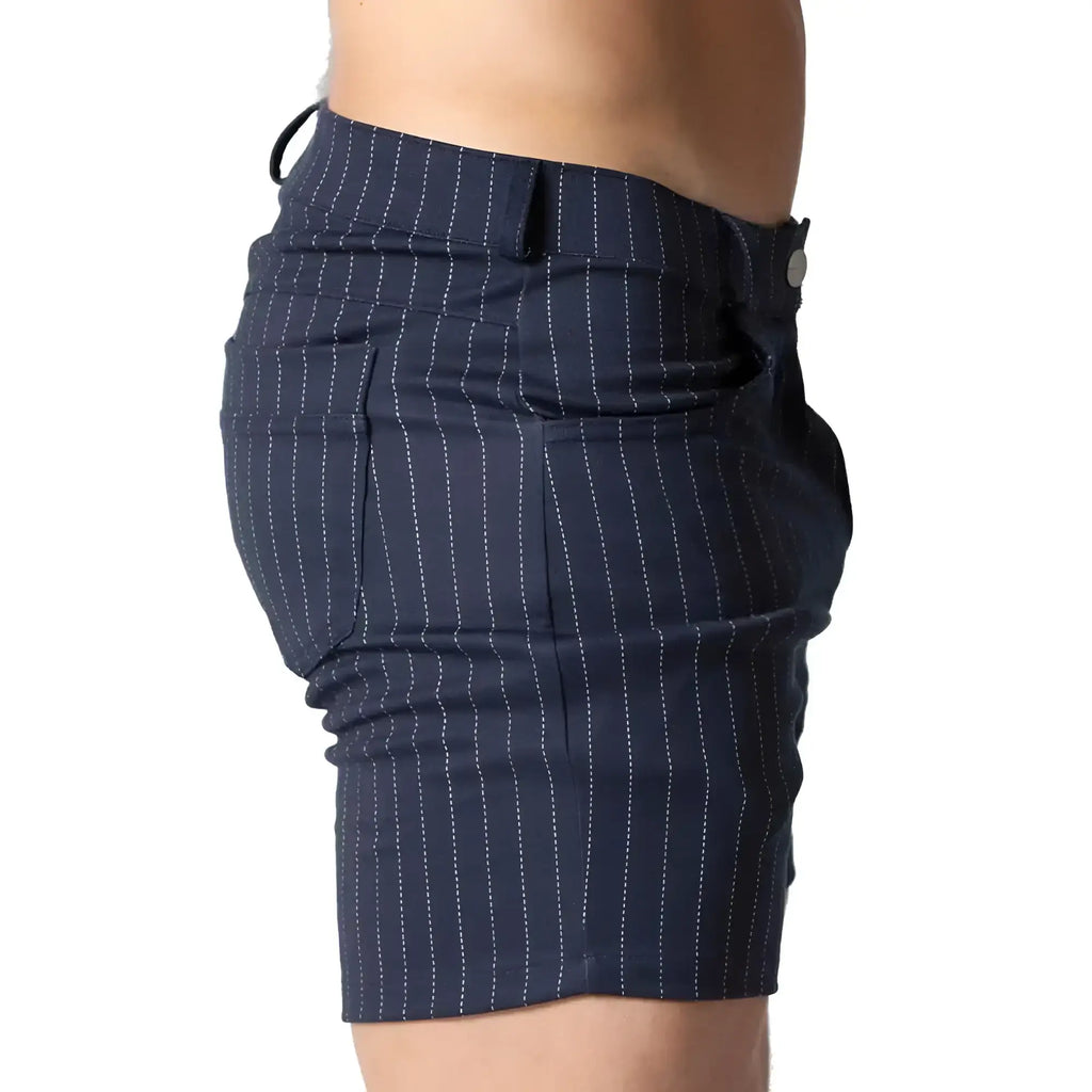 Navy blue Gigo Mountain Line short with white vertical pinstripes and button closure for casual wear