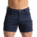 Navy blue pinstripe gigo mountain line shorts with white stitching and a silver button for casual wear