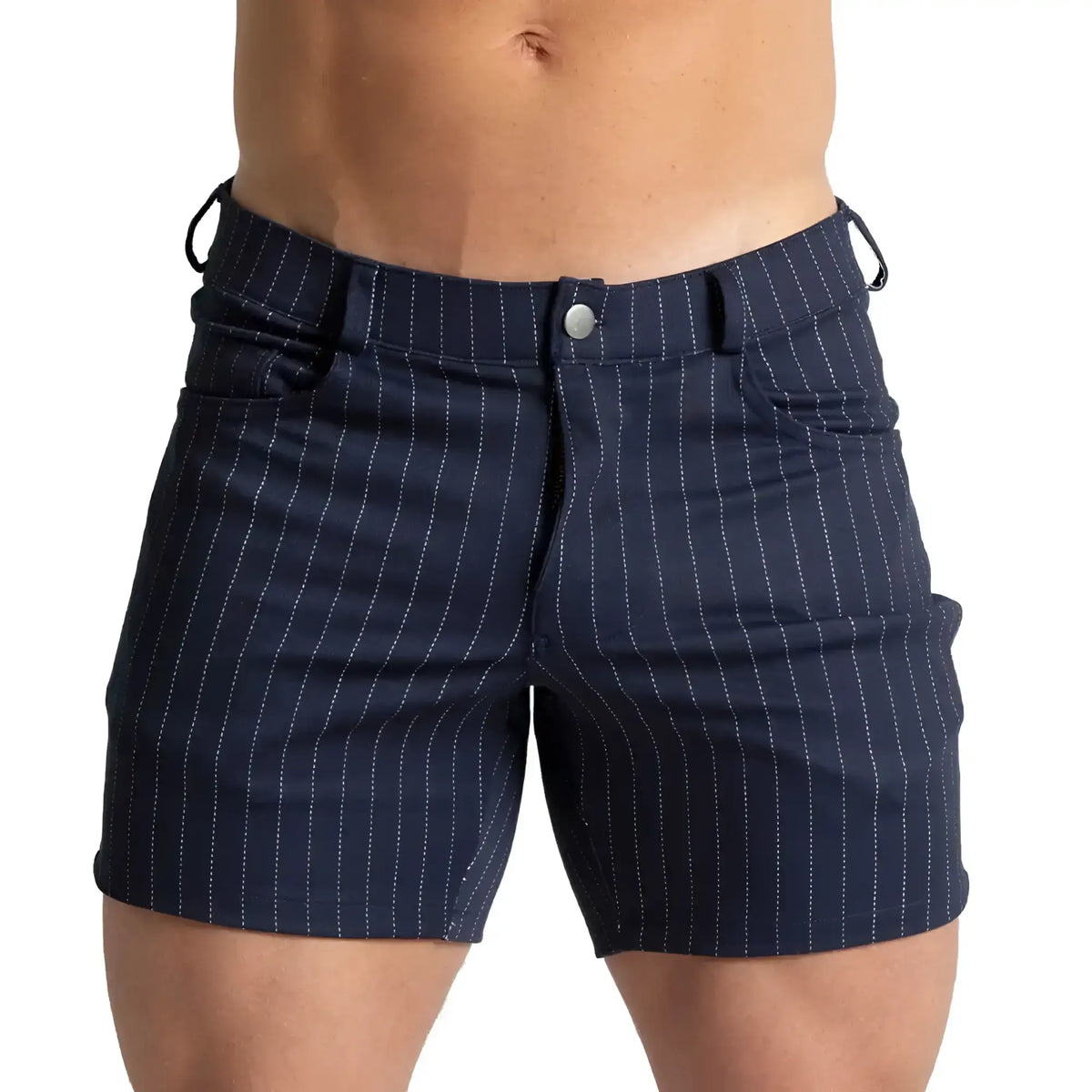 Navy blue pinstripe gigo mountain line shorts with white stitching and a silver button for casual wear