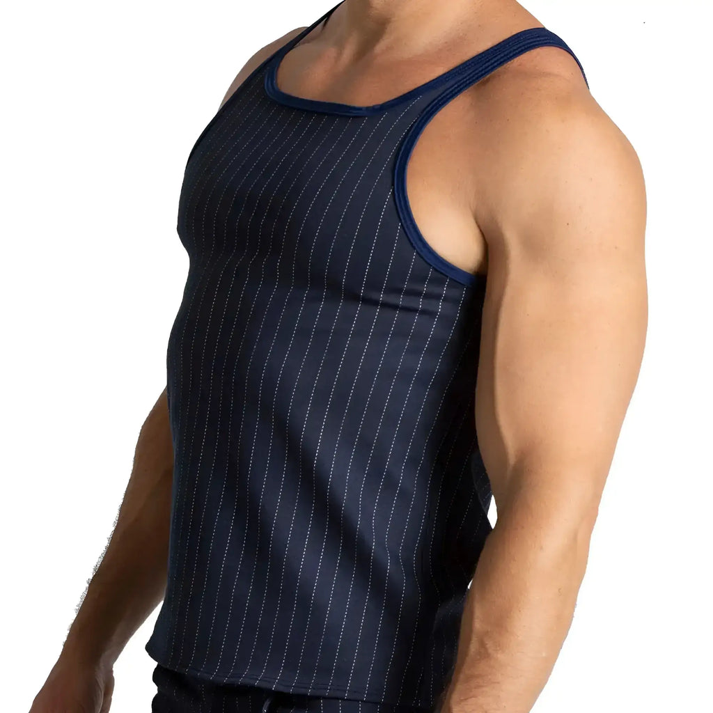 Navy blue pinstripe gigo mountain line tank top with contrasting white stitching and ribbed neckline in cotton blend