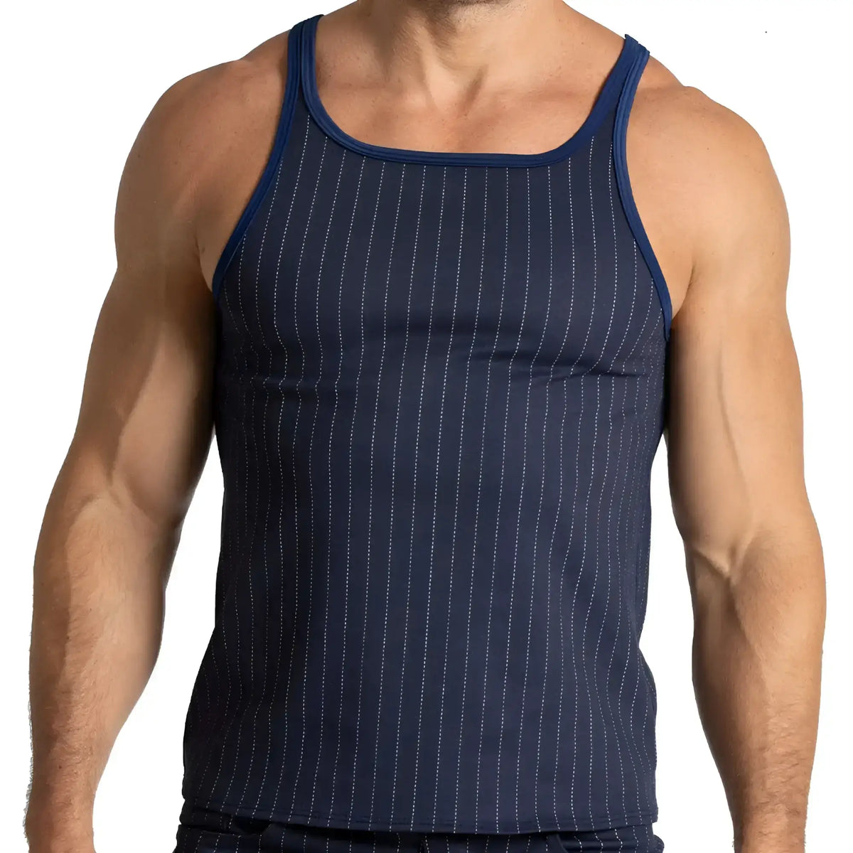 Navy blue pinstripe tank top with contrasting dark blue trim from gigo mountain line collection for active wear