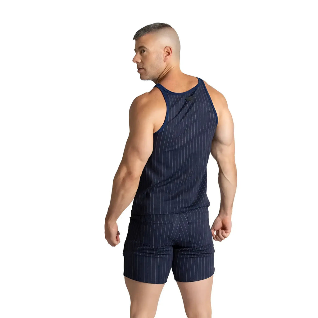 Navy blue pinstripe tank top and matching shorts set gigo mountain line tank in breathable fabric for casual wear