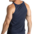 Navy blue gigo mountain line tank top with white vertical pinstripes and matching ribbed neckline front view