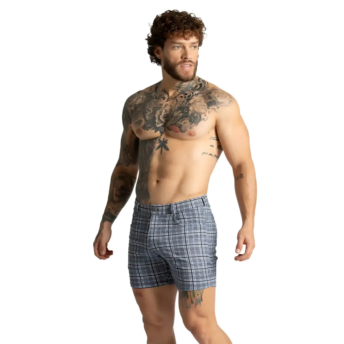 Blue and white plaid gigo mountain square short with classic tailored fit perfect for casual wear